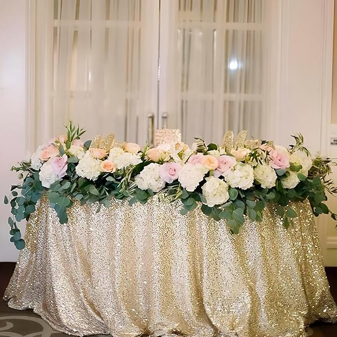 132 Inch Round Champagne Sequin Tablecloth, Metallic Large Glitter Sparkle Table Cloth for Dining Banquet Table, Sequin Table Linen for Wedding Bridal Shower Party Decorations