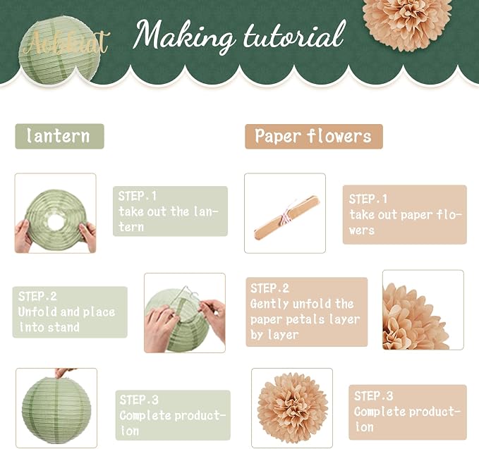 AOBKIAT Wedding Party Decorations Set,12PCS Olive Green Sage Paper Pom Poms Lanterns with Olive Leaf,for Engagement,Baby Shower,Bridal Shower,Boho Party