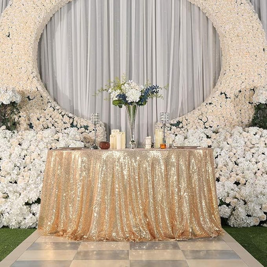 Juya Delight Round 108 inch Sequin Tablecloth Light Gold,Glitter Tablecloth for Party,Birthday,Bridal Shower,Wedding Decorations,