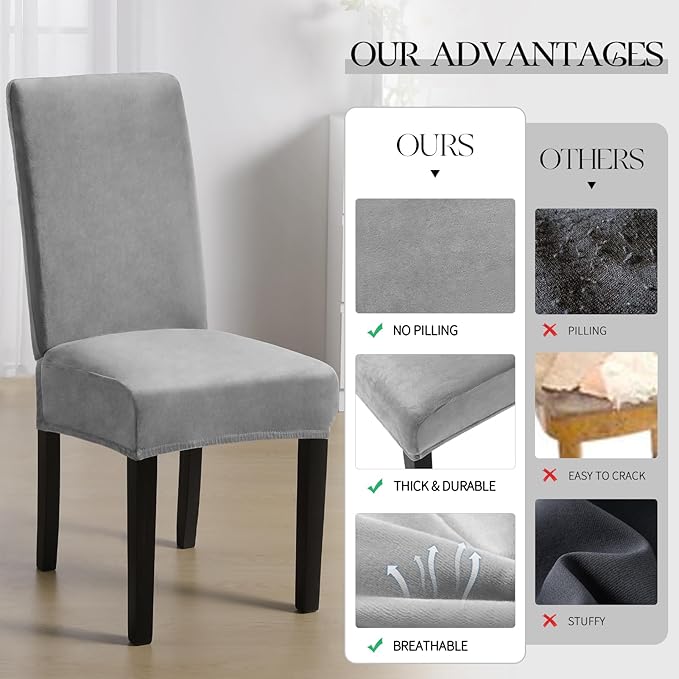 MOSAYT Velvet Stretch Chair Covers for Dining Room Set of 4 - Soft Slipcovers with Thick Removable Fabric for Parsons Chairs, Washable Seat Protectors for Kitchen, Banquet & Home Decor, Silver Grey