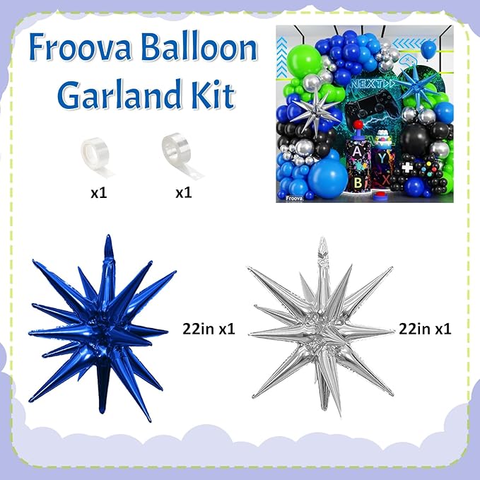 Video Game Balloon Arch Garland Kit, 125pcs Dark Blue and Green Black Silver Balloon with Royal Blue Silver Explosion Star Foil Balloons for Boys Gaming Night Birthday Baby Shower Party Decorations