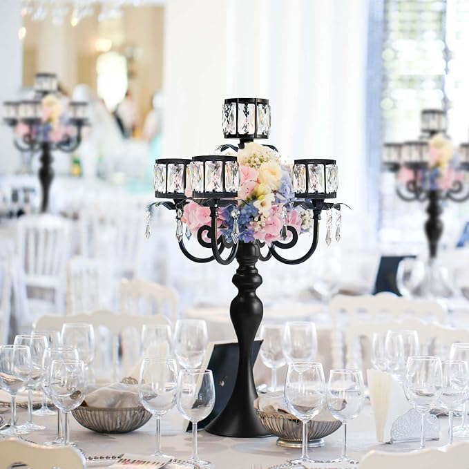 1PC Black 5 Arm Pendant Square Crystal Table Decor 22 Inch Candle Holder,Classic Elegant Table Centerpiece Atmosphere Candle Holder for Gift Wedding Party Home Decor
