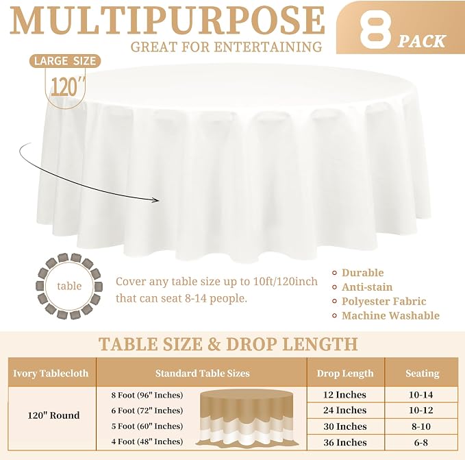 Showgeous 8 Pack Ivory Round Tablecloth 120 Inch Polyester Table Cloth Ivory Tablecloths for Round Tables Washable Decorative Fabric Table Covers for Wedding Dining Party Banquet Buffet