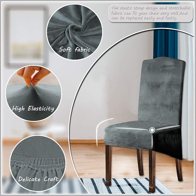 Velvet Plush XL Dining Chair Covers, Stretch Chair Slipcover, Spandex High Chairs Protector Covers Seat Slipcover with Elastic Band for Dining Room,Wedding, Ceremony, Banquet (Light Grey, Set of 6)