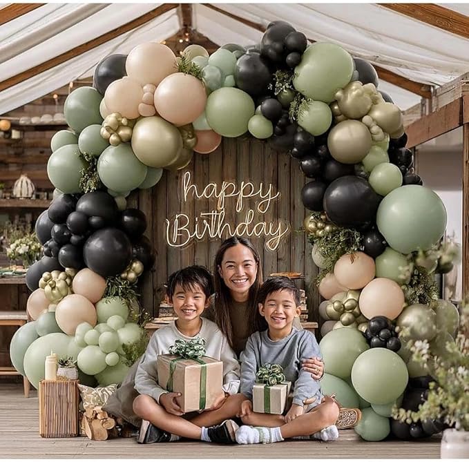 Sage Green Black Balloon Arch Kit, Double Stuffed Dusty Olive Green White Sand Cream Beige Gold Balloon Garland for Birthday Camo Woodland Jungle Wedding Boho Graduation Party Decoration