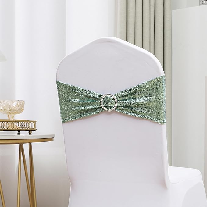 Sequin Sage Green Chair Sashes 50 Pack, Sage Chairs Bows for Party, Glitter Chair Bands with Silver Buckles for Wedding Banquets Birthday Anniversary Bridal Shower Events Decorations