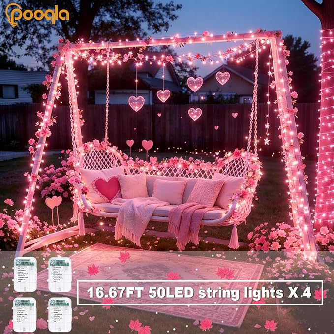 Pooqla 4 Pack String Lights Battery Operated, Total 66.6ft 200 LED Fairy Lights Indoor Outdoor Decorations, 8 Modes Pink Battery Lights for Bedroom Classroom Porch Party Yard Wedding Decor