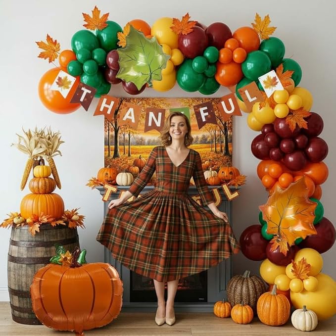 Thanksgiving Party Decorations & with Fall Color Ruby red Burnt orange Yellow Sage Green Balloon Garland Kit & Maple leaf Pumpkin Foil balloons & Banner for Autumn Birthday harvest festival Decor
