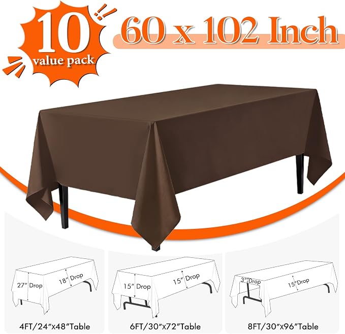 10 Pack Brown Tablecloth 60x102 Inch Brown Table Cloth for 6 Foot Rectangle Tables, Wrinkle Resistant Rectangular Tablecloth Washable Polyester Fabric Table Covers for Party Banquet Wedding Buffet