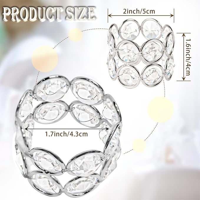 Crystal Metal Napkin Rings Set, Elegant Wedding/Party Table Decor, Shiny Holiday Dinner Accessories Bulk, Bridal Shower Gift, Anniversary, Christmas, Home Decor Essentials (Silver, 12-Pcs)