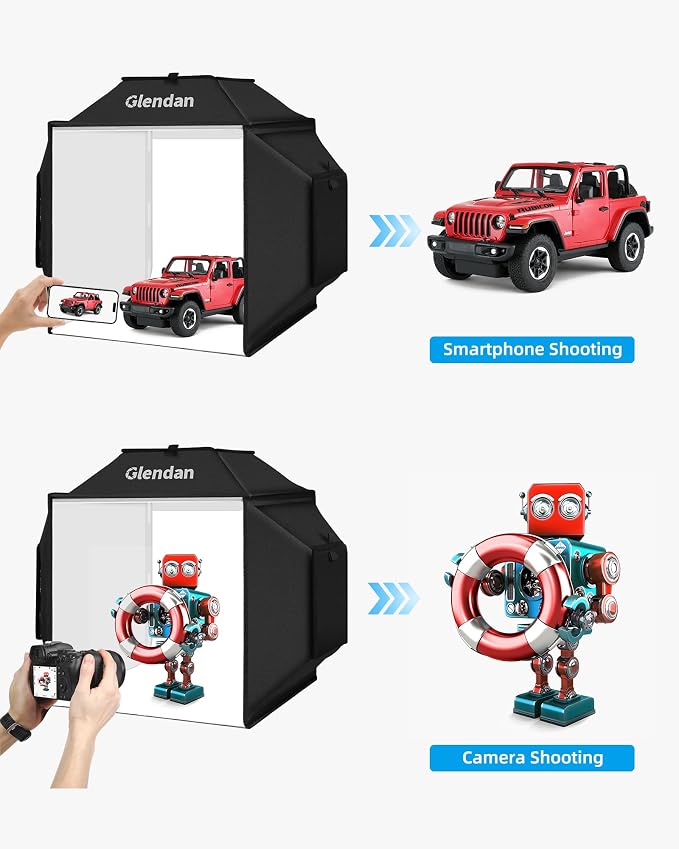 Glendan Portable Light Box Photography: 20"x 20" Upgrade Dimmable Photo Booth Soft Box with 1222 LED Lights - Photo Studio Box with 4 Color PVC Backdrops for Jewelry Product Photography