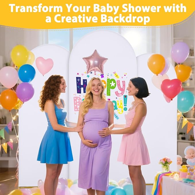 Arch Backdrop Stand and Cover Set of 3, 7.2ft 6.6ft 6ft Metal Arch Backdrop Stand with Spandex White Back Drop Covers Balloon Arch Kits, Gold Arch Stand Frame for Wedding Birthday Party Baby Shower