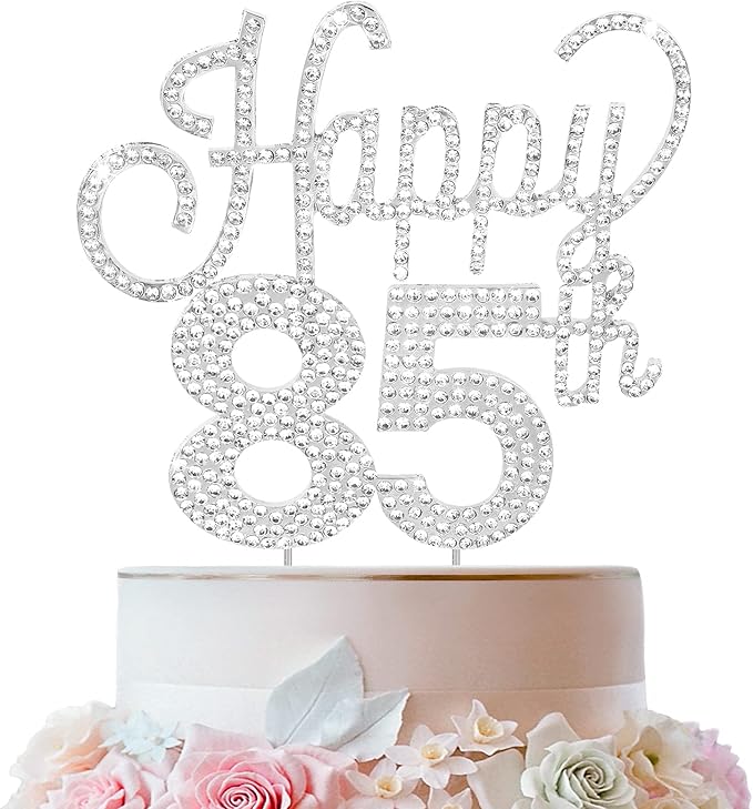 LINGTEER Happy 85th Birthday Silver Rhinestone Cake Topper - Cheers to 85th Birthday 85 Years Old Anniversary Party Cake Centerpieces Topper Decorations Gift Sign.