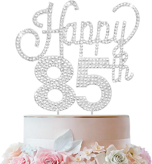 LINGTEER Happy 85th Birthday Silver Rhinestone Cake Topper - Cheers to 85th Birthday 85 Years Old Anniversary Party Cake Centerpieces Topper Decorations Gift Sign.