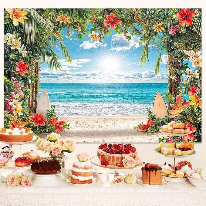 12x10ft Summer Hawaiian Beach Backdrop Tropical Blue Sky Ocean Flower Palm Leaves Surfboard Photography Background for Luau Aloha Wedding Baby Birthday Party Decoration Banner Picture Photo Booth