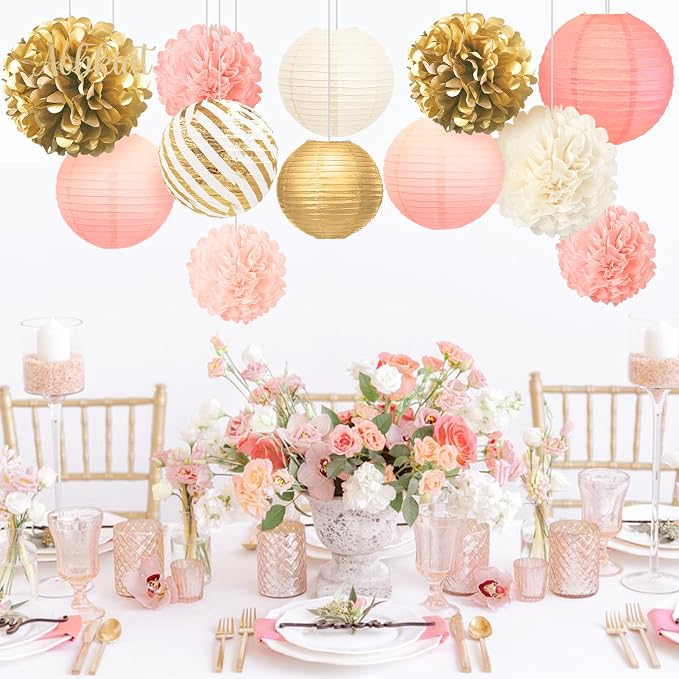 AOBKIAT Birthday Party Decorations Set for Girls Women,12PCS Pink Gold Tissue Paper Pom Poms Lanterns Flowers,for Engagement,Wedding,Baby Shower,Bridal Shower,Girl Party