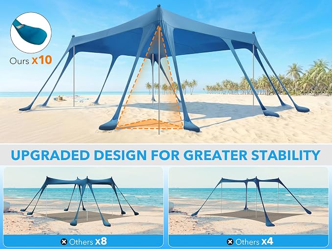 Beach Tent Sun Shelter 10 x 13FT, Camping Sun Shelter with 10 Sandbags, 22mm 7.2FT Thickened Aluminum Poles, Beach Canopy Tent Sun Shade UPF50+ Protection for Camping, Fishing, Backyard