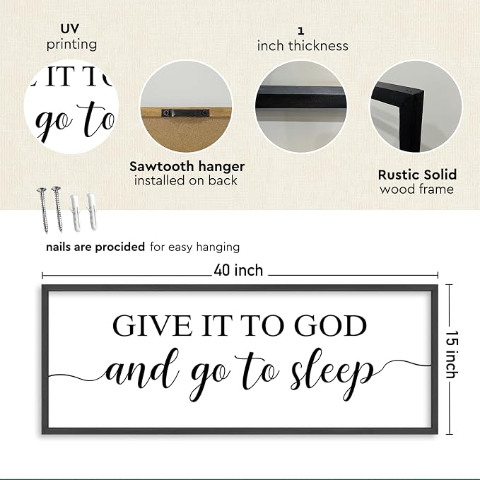 Give It To God And Go To Sleep Bedroom Wall Decor Above Bed Christian Art | 40x15 Inch Large Rustic Black Wood Framed Farmhouse sign Wall Art for Master Guest Room Over Bed Plaque Ready to Hang
