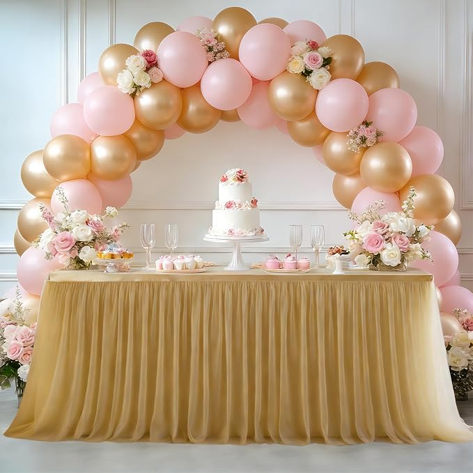 Champagne 2-in-1 Stretch Tulle Table Cover & Skirt – Fits 5ft Rectangular Tables, Perfect for Baby Shower, Bridal, Birthday & Princess Parties (1 Pack)