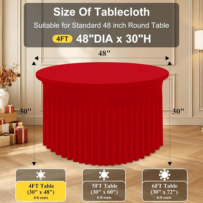 Smiry Round Spandex Tablecloth 2 Pack, Elastic Fitted Washable Tablecloths for 48 Round Tables, Waterpoof Stretch Table Cover Skirt for Outdoor, Wedding, Banquet & Parties, Red