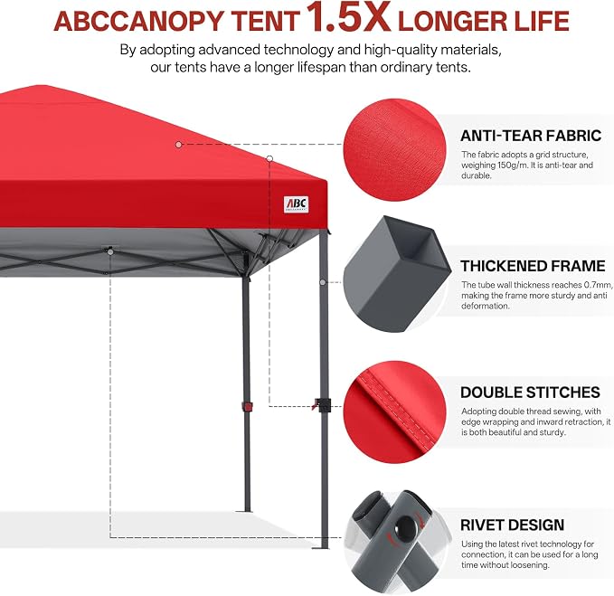 ABCCANOPY 10x10 Pop Up Canopy Tent, Easy Setup Instant Shelter with Wheeled Bag, Heavy Duty Outdoor Canopy for Beach, Market, Backyard, UV Protection, Outdoor Weather Protection (Red, 10x10)