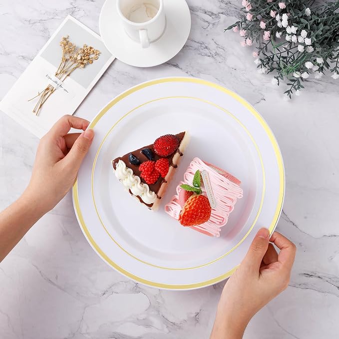 BESTVIP 300PCS Gold Plastic Plates, White with Gold Rim Disposable Plates - 150 Dinner Plates and 150 Dessert Plates, Heavy Duty Fancy Party Plates for Wedding, Catering, Large Events