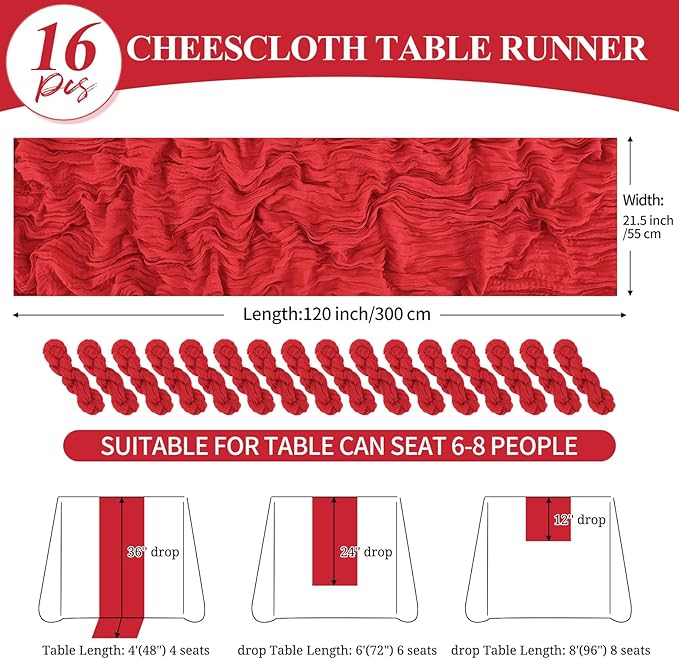 16 Pack 10Ft Cheesecloth Table Runner Red, 20 x 120 Inch Rustic Gauze Boho Cheese Cloth Table Runners Wedding Long Table Runner for Wedding Party Bridal Shower Table Decoration