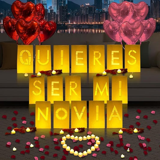 Quieres Ser Mi Novia Lighted Letters Sign 17pcs Luminary Paper Bags 2200pcs Red Pink Artificial Rose Petals 48pcs Flameless LED Candle Tealight 15pcs Heart Balloons Romantic Night Valentine's Day