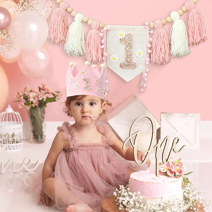 Daisy 1st Highchair Wood Bead Tassel Garland Crown Hat Wooden Cake Topper Birthday Decorations