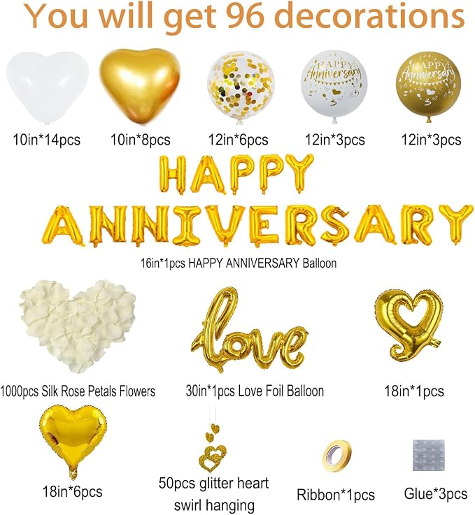 Gold and White Anniversary Party Decorations, Happy Anniversary Banner, Gold and White Heart Balloons, Love Foil Balloon, Heart Hanging String for Valentines Day Birthday Wedding