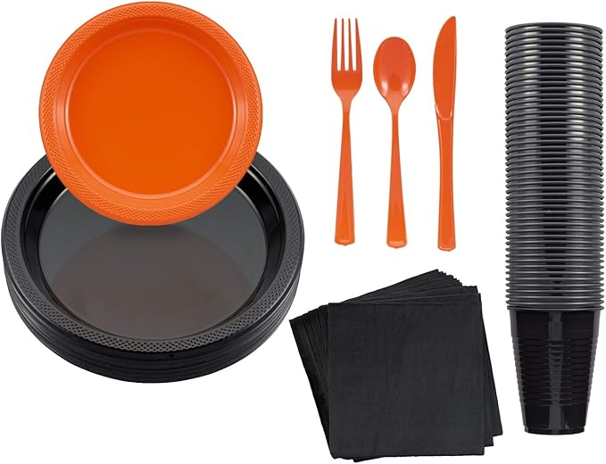 350 Pcs Orange & Black Plastic Plates For Party, Orange & Black Disposable Plates Set, 50 Of Each 9" Dinner Plate Set, 7" Dessert Plate, Cups, Napkins & Cutlery Plastic Dinnerware Set Exquisite
