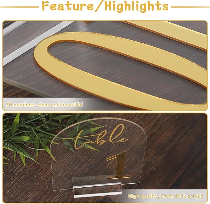 Wedding Table Numbers 1-10 with Holders, 5 x 7 Inch Transparent Acrylic Reception Table Signs Golden Letters, Number Cards for Party, Restaurant