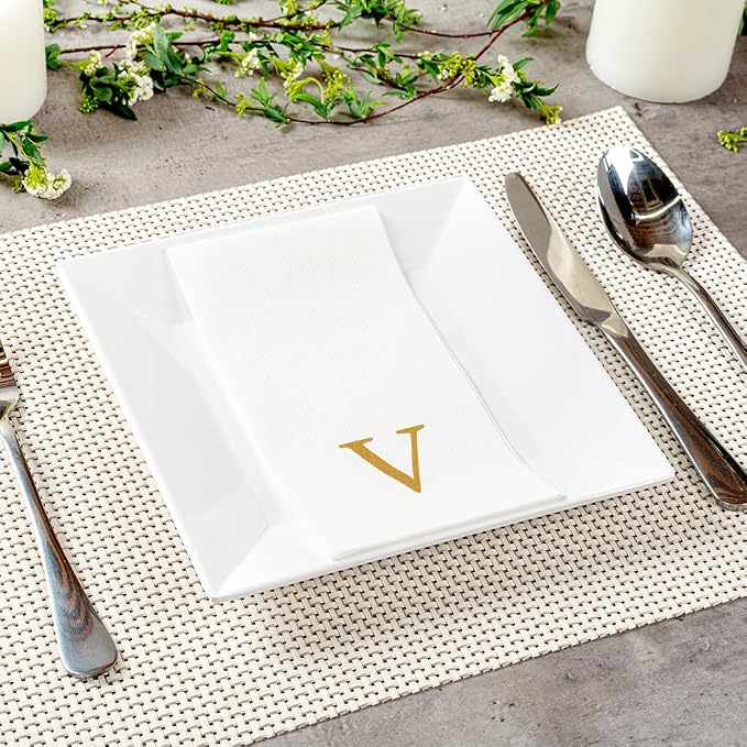 Luxenap 15.8 X 7.9 Inch Linen-Feel Guest Towels, 50 Lettered Hand Towels - Gold Letter 'V', Sans Serif Font, White Paper Dinner Napkins, airlaid, For Restrooms And Tables