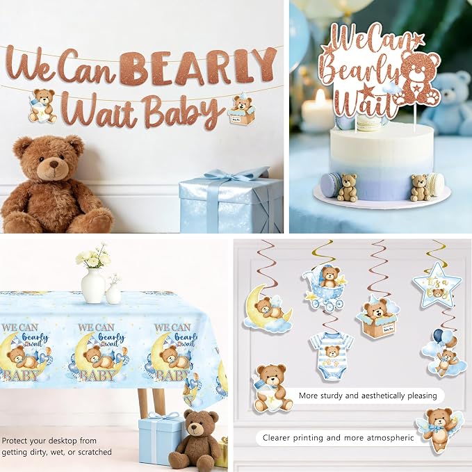 NeoRov 222 Pcs Blue Bear Baby Shower Decorations Tableware Set | Service 25 Guests | Includes Banner, Cake Topper, Balloons, Plates And Napkins Paper Cup | For Boy Baby Shower