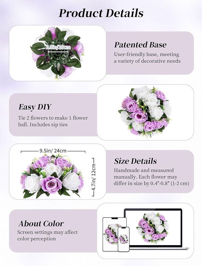 BLOSMON Lilac Purple Flowers Artificial: 2 Pcs Fake Roses Flower Balls Centerpiece for Wedding Table Decoration- Artificial Silk Kissing Bouquet Floral Arrangement for Home Party Event Decor | Wedding Table Decoration Floral Arrangement - Faux Silk Kis...