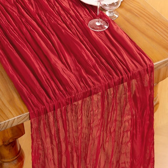 DeZerlor Red Cheesecloth Table Runner Spring Easter Table Runner Boho Gauze 120 Inches Red Cheese Cloth Table Decor for Wedding Bridal Baby Shower Parties