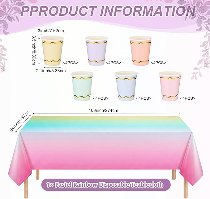 Yungyan 97 Pcs 24 Guests Pastel Gradient Rainbow Birthday Party Supplies Disposable Tableware Set 9 oz Paper Cups with Handle 7" 9" Paper Plate Napkin Tablecloth for Party Wedding Baby Shower