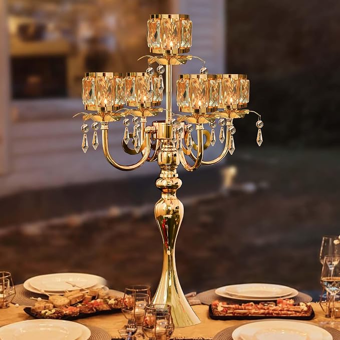 1PC Gold 5-Arm Crystal Pendant Metal Candle Holder with Square Crystal Bowl, 22-Inch Tall Wedding Table Centerpiece for Holiday Party Events, Christmas, Birthday Decorations