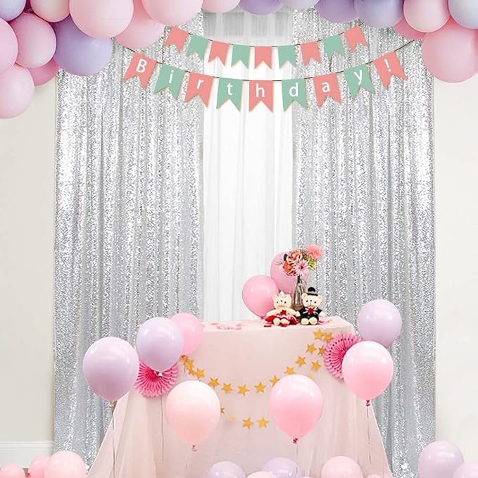 PartyDelight Silver Sequin Backdrop Curtains 2x8ft 2 Panels | 3mm stitched sequin curtain with 4 inch rod pocket for 2x8ft 2 panel doorway window side drape narrow photo booth strip