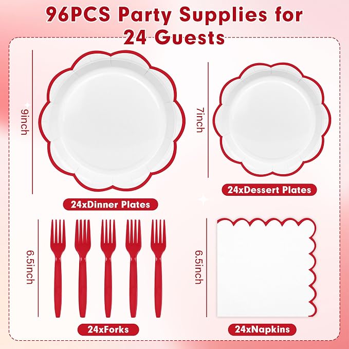 96 Pcs Red and White Paper Plates and Napkins Set, Tableware set for 24 Guest include White Dessert Plates with Red Scalloped Edge, Napkins and Forks for 4th of July, Baby Shower, Wedding, Birthday