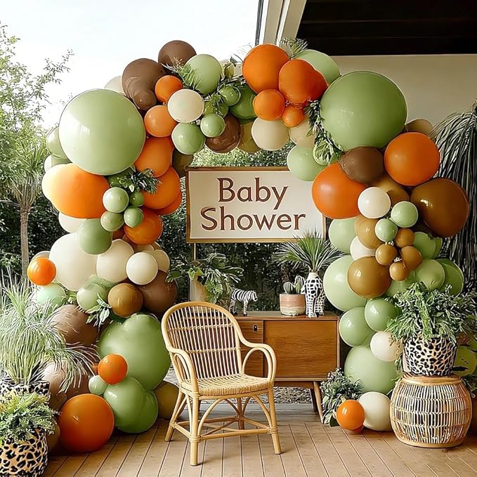 Green Brown Orange Balloon Garland Double Stuffed Sage Green White Sand Cream Balloon Arch Kit for Birthday Baby Shower Dinosaur Woodland Wild One Party Decorations