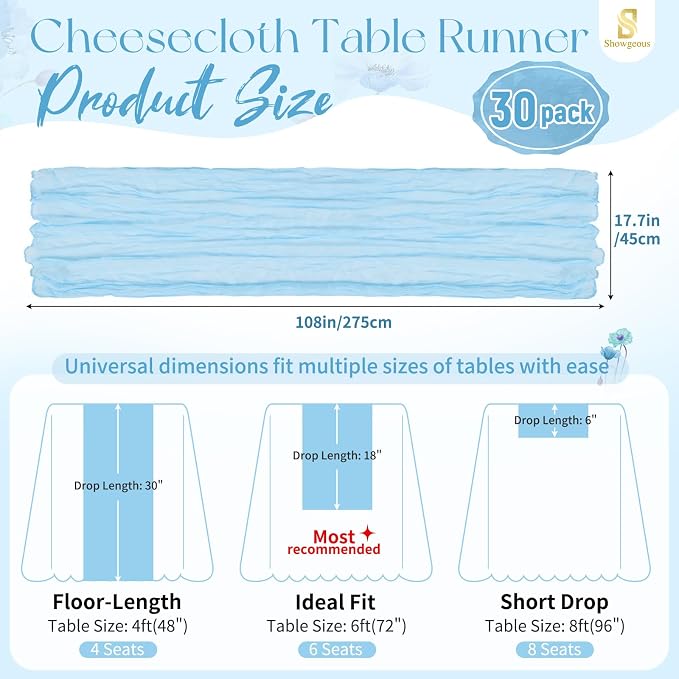 30 Pack Baby Blue Cheesecloth Table Runner 17 x 108 inch Boho Gauze Table Runner Rustic Sheer Cheese Cloth Table Decorations for Wedding Party Baby Bridal Shower Birthday Holiday Home