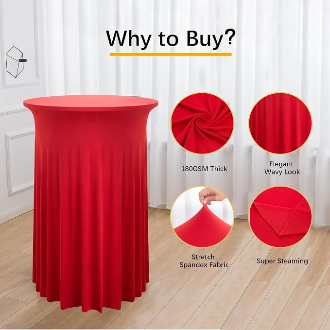 6 Pack Red Round High Top Table Cloth 3243 Inch, Wrinkle Free Stretch Spandex Highboy Tablecloths With Skirt for Cocktail Party Banquet Birthday Bar