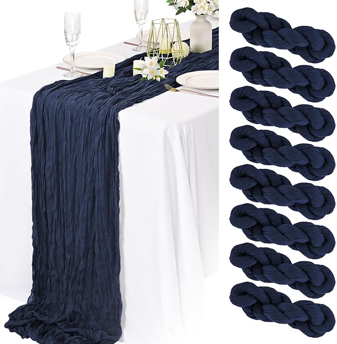 8 Pack Navy Blue Cheesecloth Table Runner 10FT Long Boho Gauze Fabric Table Runner Vintage Rustic Sheer Runners for Wedding Party Bridal Baby Shower Table Decorations