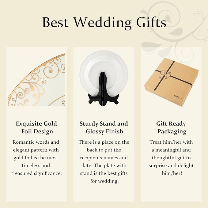Urllinz Best Anniversary Wedding Gifts for Couples Unique 2026 - Mr and Mrs Plate with 24k Gold Foil Decorations, Newlywed Bridal Shower Engagement Gift for Her Him, Ceramic 9"