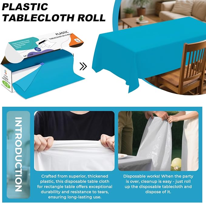 54IN X 160FT Plastic Table Cover Roll with Cutter Box, Cut to Size Plastic Table Cloths for Parties, Birthday, Disposable Tablecloth Roll for All Shape Tables (Turquoise, 54 Inch X 160 Feet)