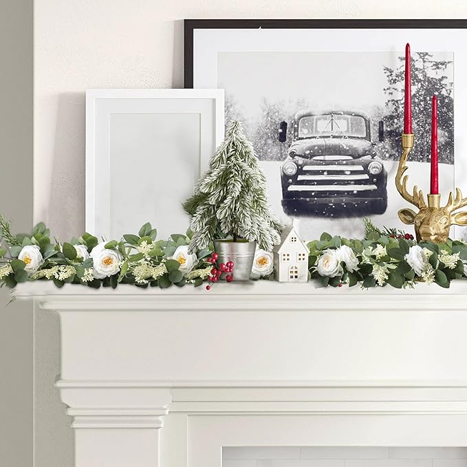 MAKHOT 2Pack White 6.6 Ft Eucalyptus Garland with Lovely Faux Rose Flowers, Artificial Eucalyptus and Rose Garlands Decor, Floral Greenery Garland for Wedding Home Table Decor (White)