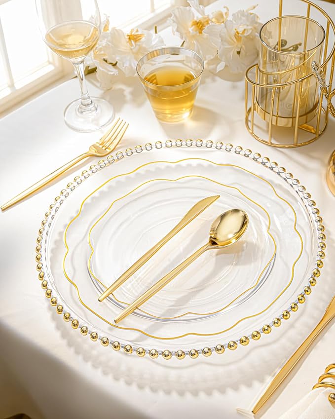 bUCLA 180PCS Clear Plastic Plates with Gold Trim - Clear Gold Plastic Dinnerware Include 30 Dinner & Dessert Plates, 30 Knives, 30 Forks, 30 Spoons and 30 Cups for Party