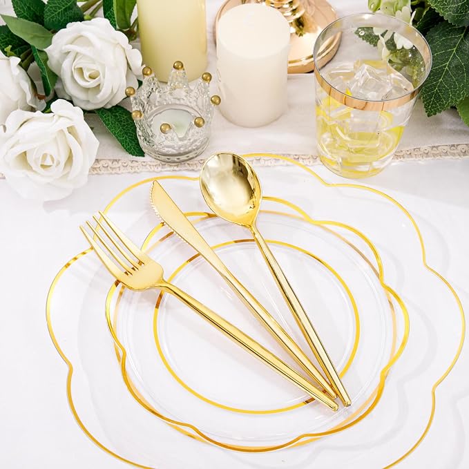 ejonirinjonir EI 180pcs Clear Plastic Plates with Gold Plastic Silverware, Plate for Party,Clear Dinnerware Set,Heavy Duty Plate for Wedding,Afternoon Tea,Spring,Mother's Day,Valentine's Day,Easter