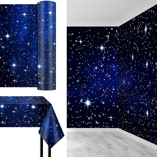 Preboun 4.5 x 100 ft Space Galaxy Backdrop Roll, Disposable Starry Night Theme Plastic Tablecloth & Wall Covering for Adult Birthday Prom Wedding Photography Background Party Decorations, Cut to Size